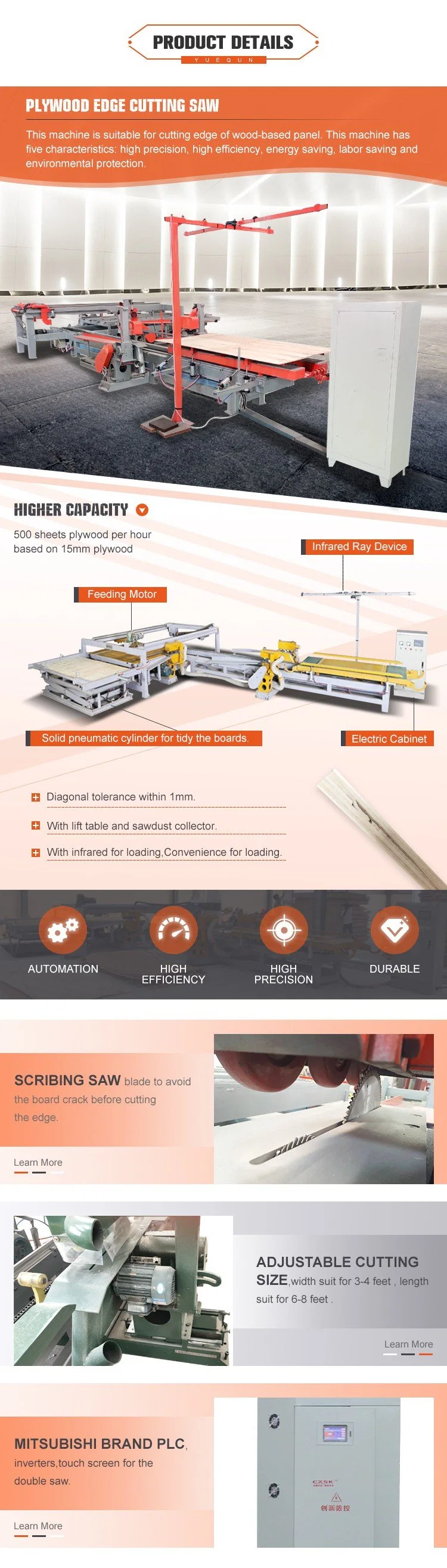 Woodworking Machinery Plywood Wood Panel 4 Four Side Trimming Cutting Edge Saw with Siemens PLC